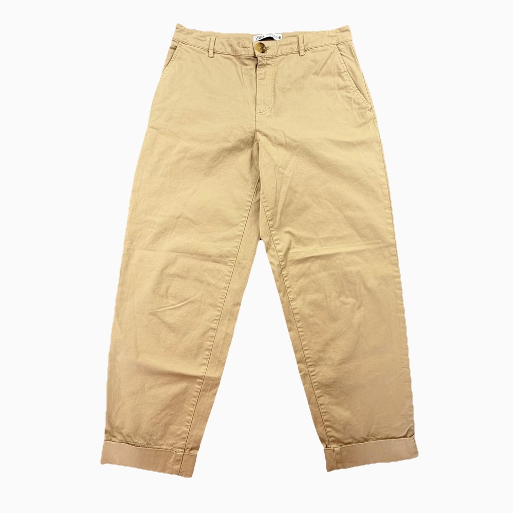 Zara Wide Leg Chino Pants Women US M EUR 38 Beige Cropped Trouser